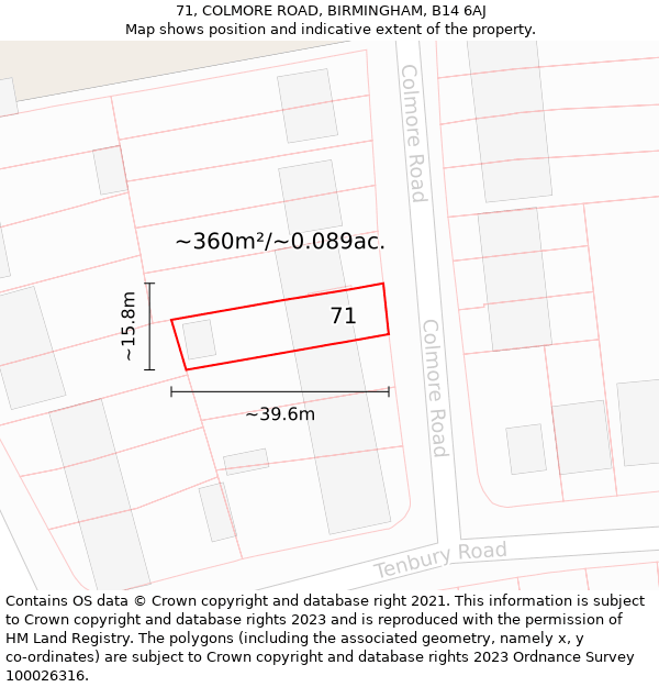 71, COLMORE ROAD, BIRMINGHAM, B14 6AJ: Plot and title map