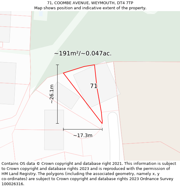 71, COOMBE AVENUE, WEYMOUTH, DT4 7TP: Plot and title map