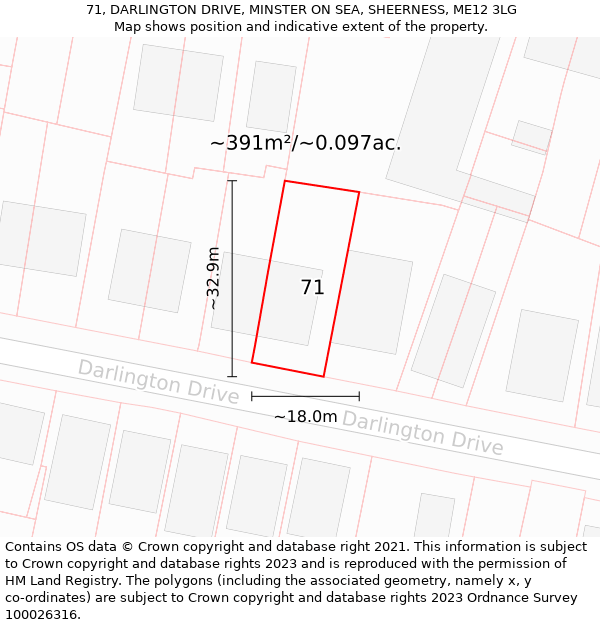 71, DARLINGTON DRIVE, MINSTER ON SEA, SHEERNESS, ME12 3LG: Plot and title map