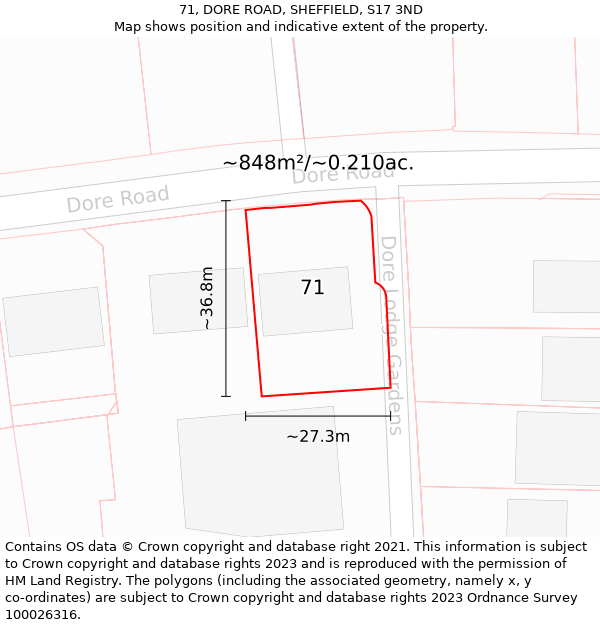 71, DORE ROAD, SHEFFIELD, S17 3ND: Plot and title map