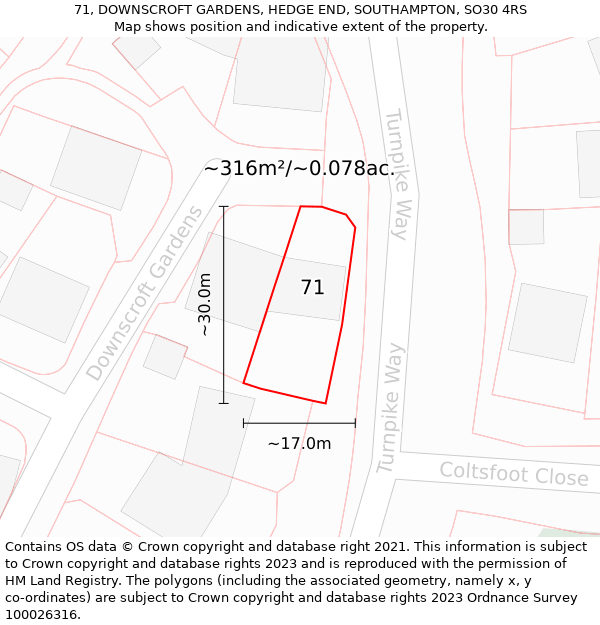 71, DOWNSCROFT GARDENS, HEDGE END, SOUTHAMPTON, SO30 4RS: Plot and title map