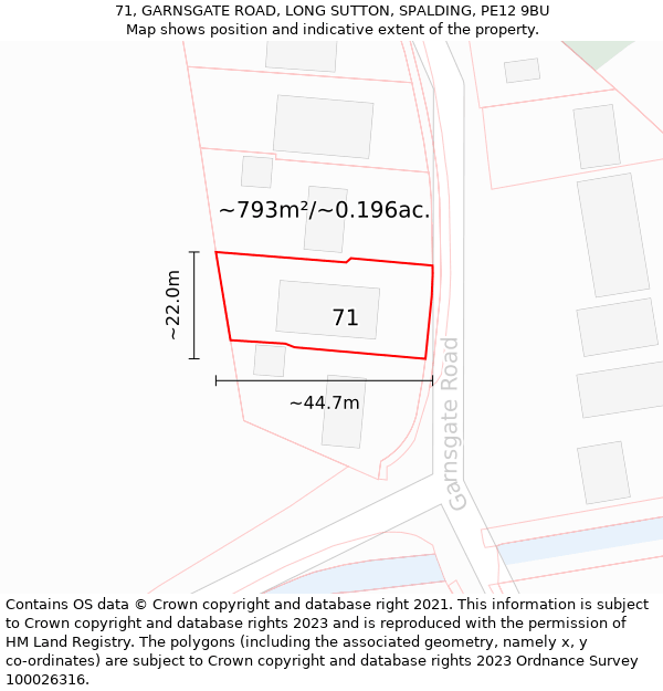 71, GARNSGATE ROAD, LONG SUTTON, SPALDING, PE12 9BU: Plot and title map