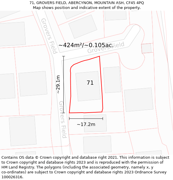 71, GROVERS FIELD, ABERCYNON, MOUNTAIN ASH, CF45 4PQ: Plot and title map