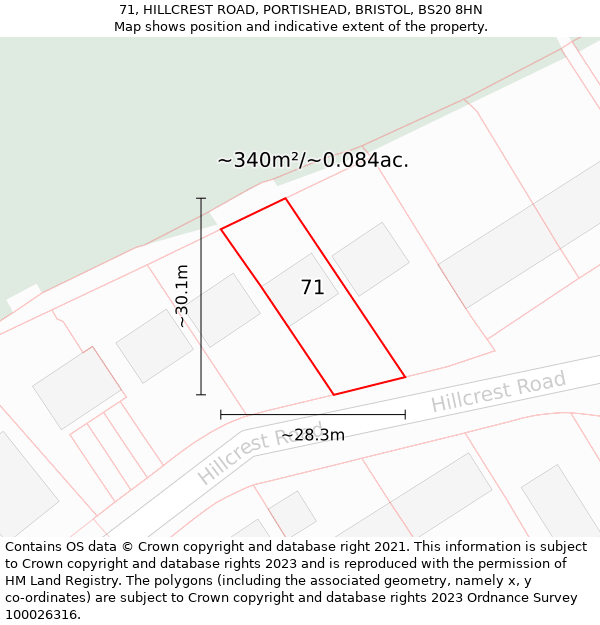 71, HILLCREST ROAD, PORTISHEAD, BRISTOL, BS20 8HN: Plot and title map