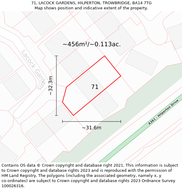 71, LACOCK GARDENS, HILPERTON, TROWBRIDGE, BA14 7TG: Plot and title map