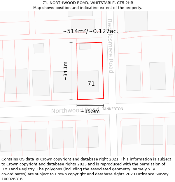 71, NORTHWOOD ROAD, WHITSTABLE, CT5 2HB: Plot and title map