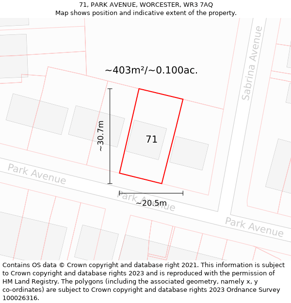 71, PARK AVENUE, WORCESTER, WR3 7AQ: Plot and title map