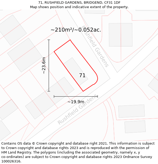 71, RUSHFIELD GARDENS, BRIDGEND, CF31 1DF: Plot and title map