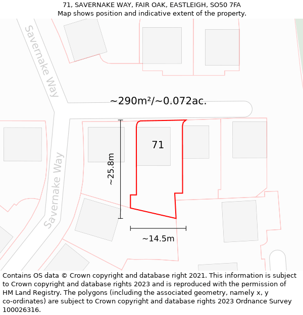 71, SAVERNAKE WAY, FAIR OAK, EASTLEIGH, SO50 7FA: Plot and title map