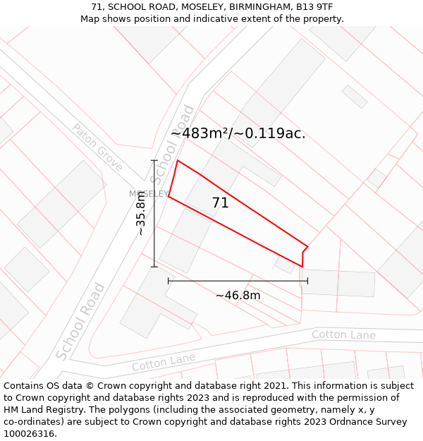 71, SCHOOL ROAD, MOSELEY, BIRMINGHAM, B13 9TF: Plot and title map