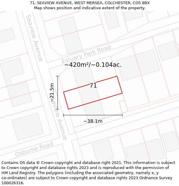 71, SEAVIEW AVENUE, WEST MERSEA, COLCHESTER, CO5 8BX: Plot and title map