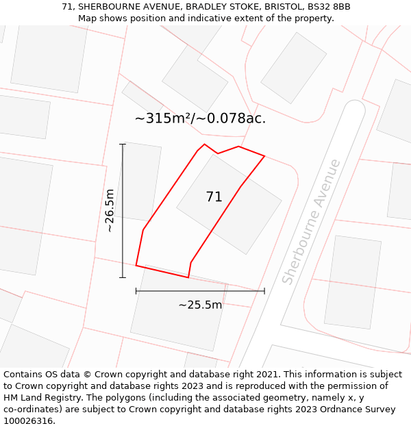 71, SHERBOURNE AVENUE, BRADLEY STOKE, BRISTOL, BS32 8BB: Plot and title map