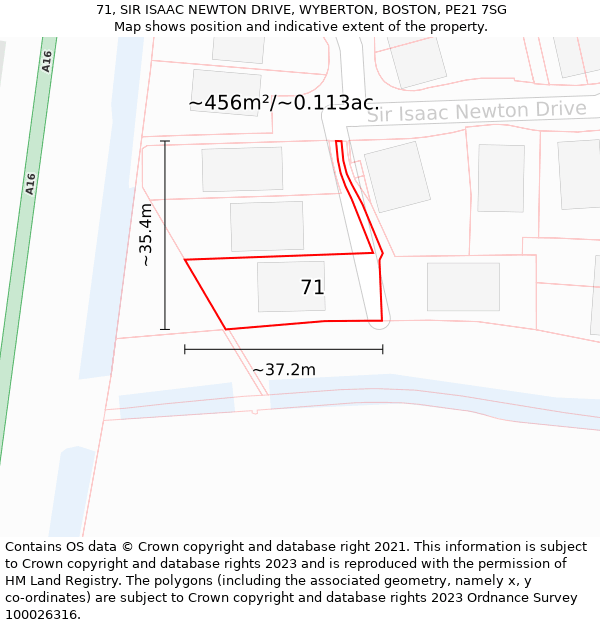 71, SIR ISAAC NEWTON DRIVE, WYBERTON, BOSTON, PE21 7SG: Plot and title map