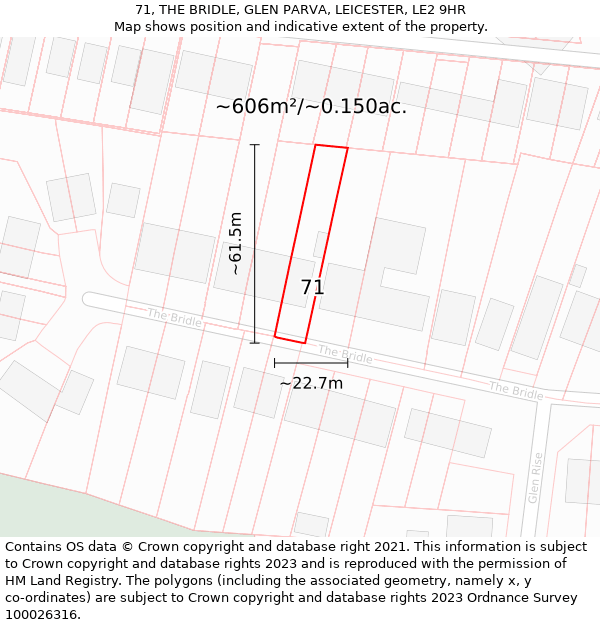 71, THE BRIDLE, GLEN PARVA, LEICESTER, LE2 9HR: Plot and title map