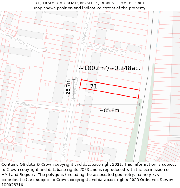 71, TRAFALGAR ROAD, MOSELEY, BIRMINGHAM, B13 8BL: Plot and title map