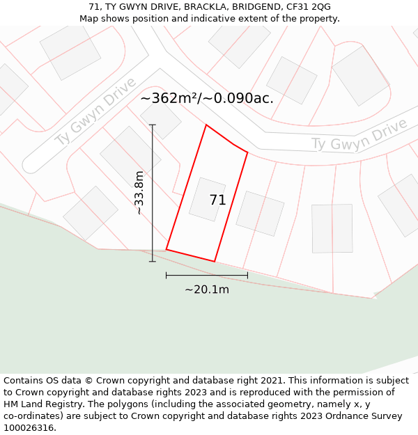 71, TY GWYN DRIVE, BRACKLA, BRIDGEND, CF31 2QG: Plot and title map