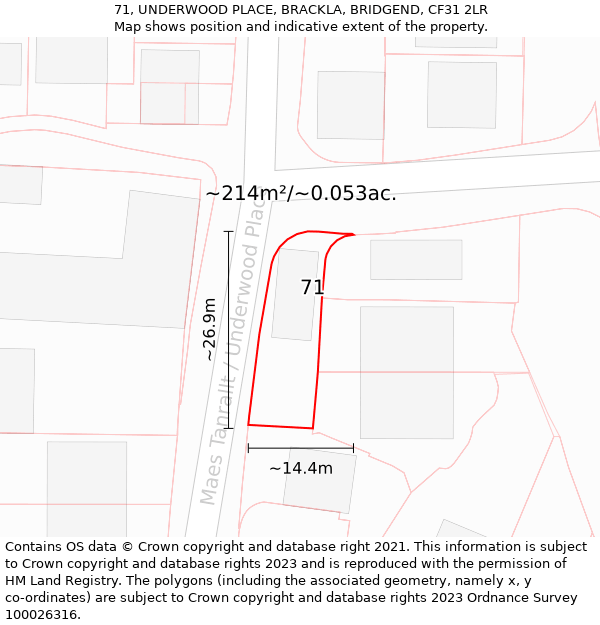 71, UNDERWOOD PLACE, BRACKLA, BRIDGEND, CF31 2LR: Plot and title map