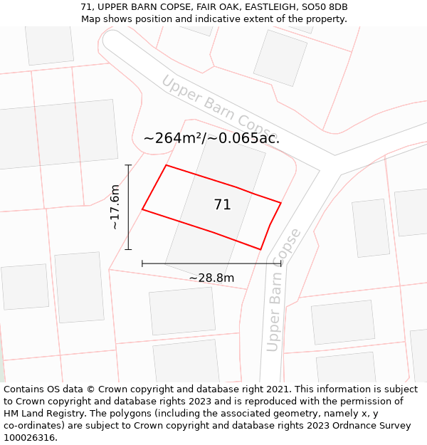 71, UPPER BARN COPSE, FAIR OAK, EASTLEIGH, SO50 8DB: Plot and title map