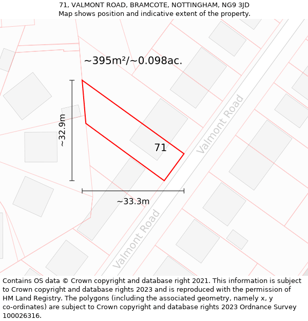 71, VALMONT ROAD, BRAMCOTE, NOTTINGHAM, NG9 3JD: Plot and title map