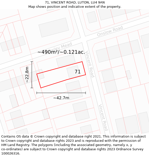 71, VINCENT ROAD, LUTON, LU4 9AN: Plot and title map