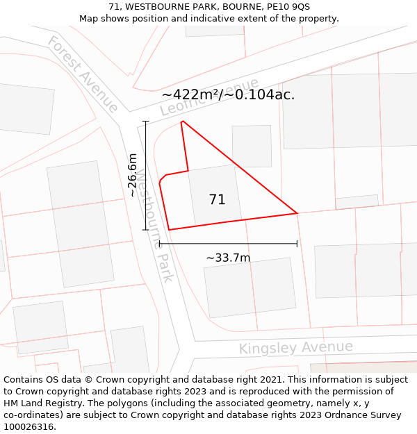 71, WESTBOURNE PARK, BOURNE, PE10 9QS: Plot and title map