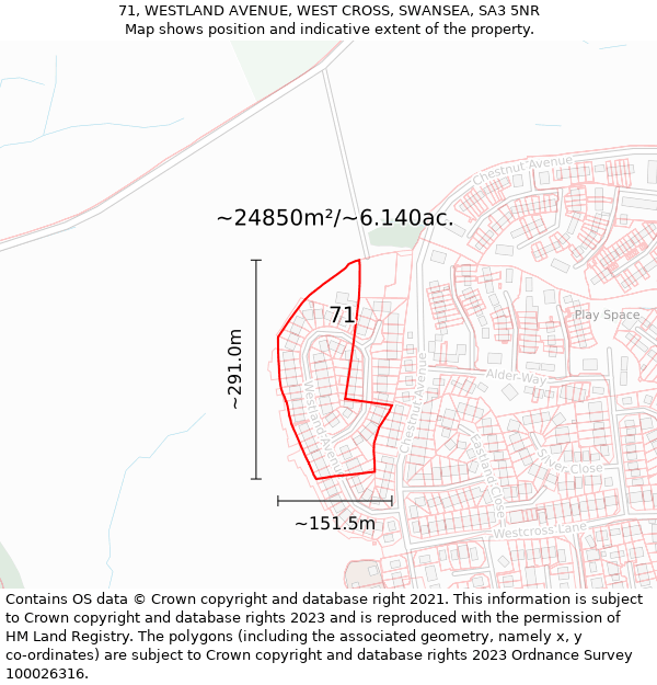 71, WESTLAND AVENUE, WEST CROSS, SWANSEA, SA3 5NR: Plot and title map