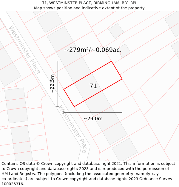 71, WESTMINSTER PLACE, BIRMINGHAM, B31 3PL: Plot and title map