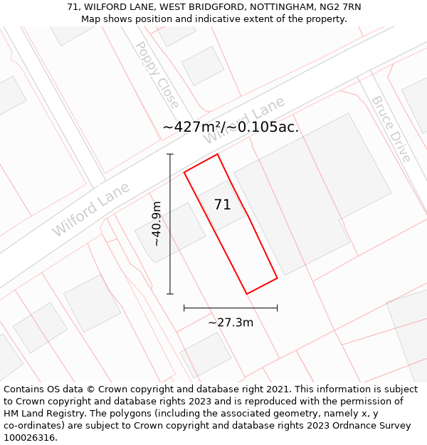 71, WILFORD LANE, WEST BRIDGFORD, NOTTINGHAM, NG2 7RN: Plot and title map