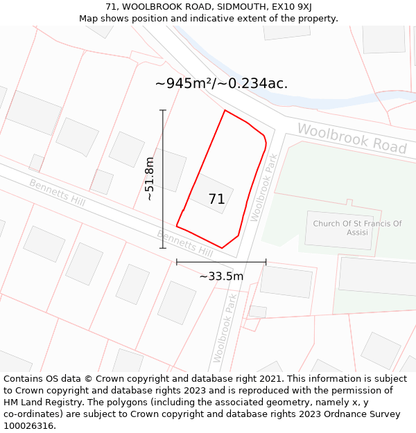 71, WOOLBROOK ROAD, SIDMOUTH, EX10 9XJ: Plot and title map