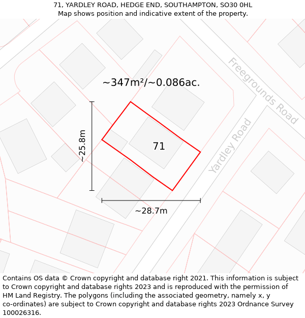 71, YARDLEY ROAD, HEDGE END, SOUTHAMPTON, SO30 0HL: Plot and title map