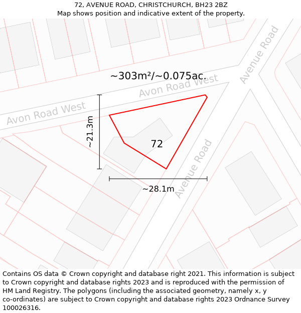 72, AVENUE ROAD, CHRISTCHURCH, BH23 2BZ: Plot and title map