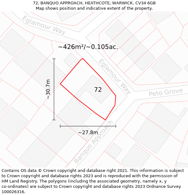 72, BANQUO APPROACH, HEATHCOTE, WARWICK, CV34 6GB: Plot and title map