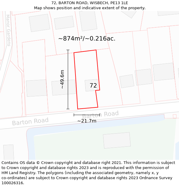 72, BARTON ROAD, WISBECH, PE13 1LE: Plot and title map