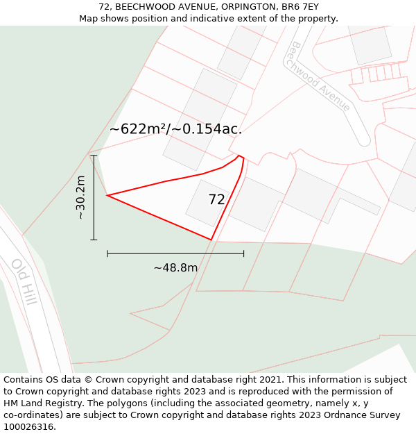 72, BEECHWOOD AVENUE, ORPINGTON, BR6 7EY: Plot and title map