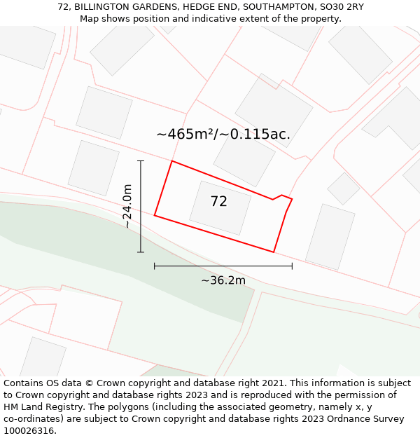 72, BILLINGTON GARDENS, HEDGE END, SOUTHAMPTON, SO30 2RY: Plot and title map