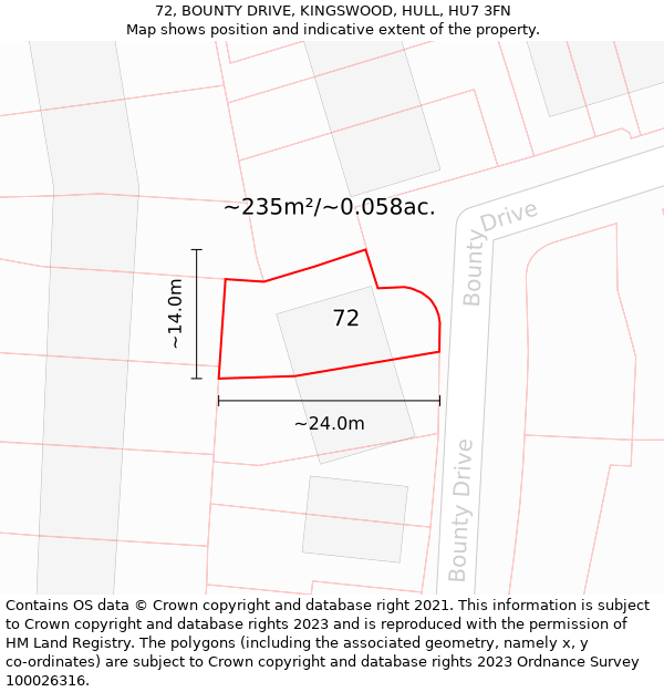 72, BOUNTY DRIVE, KINGSWOOD, HULL, HU7 3FN: Plot and title map