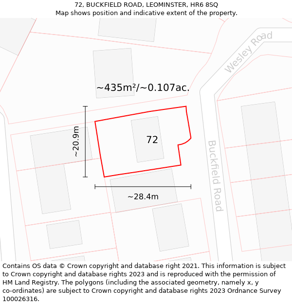 72, BUCKFIELD ROAD, LEOMINSTER, HR6 8SQ: Plot and title map
