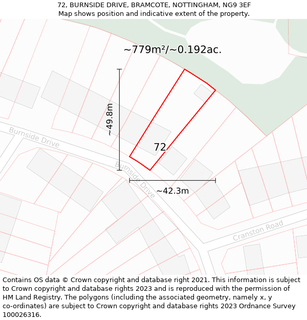 72, BURNSIDE DRIVE, BRAMCOTE, NOTTINGHAM, NG9 3EF: Plot and title map