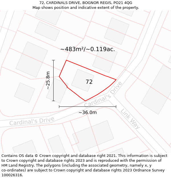 72, CARDINALS DRIVE, BOGNOR REGIS, PO21 4QG: Plot and title map