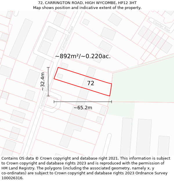 72, CARRINGTON ROAD, HIGH WYCOMBE, HP12 3HT: Plot and title map