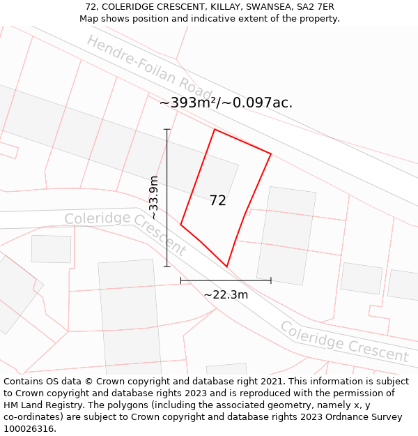 72, COLERIDGE CRESCENT, KILLAY, SWANSEA, SA2 7ER: Plot and title map