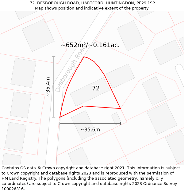 72, DESBOROUGH ROAD, HARTFORD, HUNTINGDON, PE29 1SP: Plot and title map