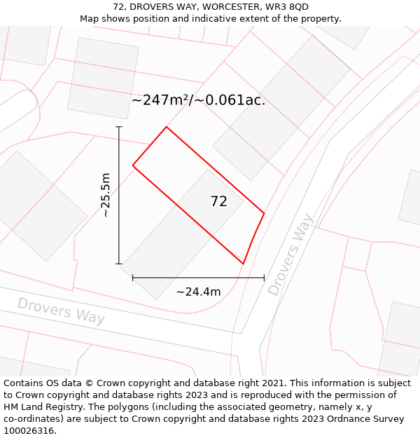 72, DROVERS WAY, WORCESTER, WR3 8QD: Plot and title map