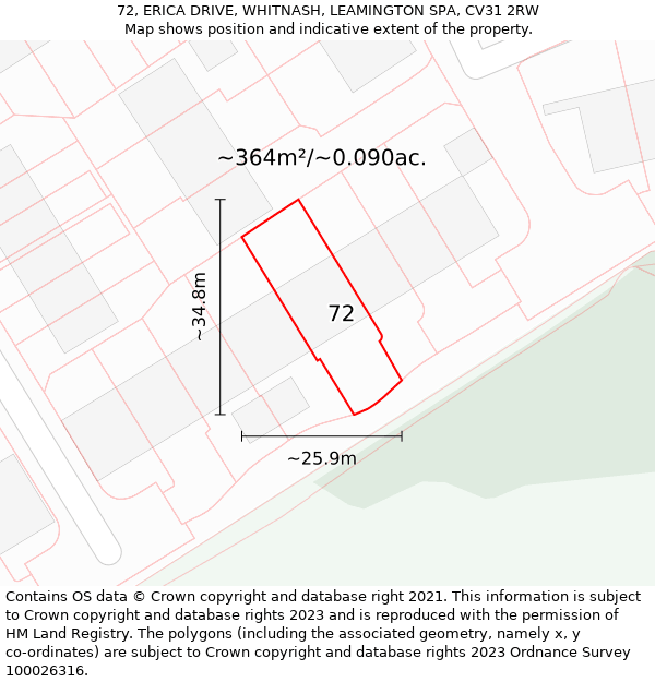 72, ERICA DRIVE, WHITNASH, LEAMINGTON SPA, CV31 2RW: Plot and title map