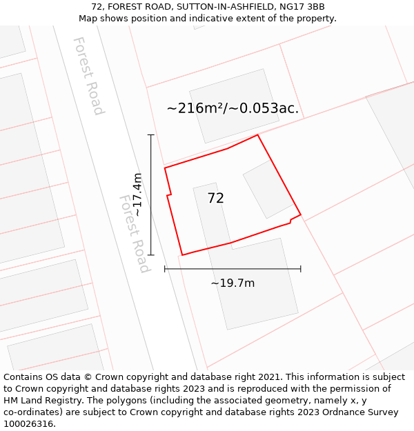 72, FOREST ROAD, SUTTON-IN-ASHFIELD, NG17 3BB: Plot and title map