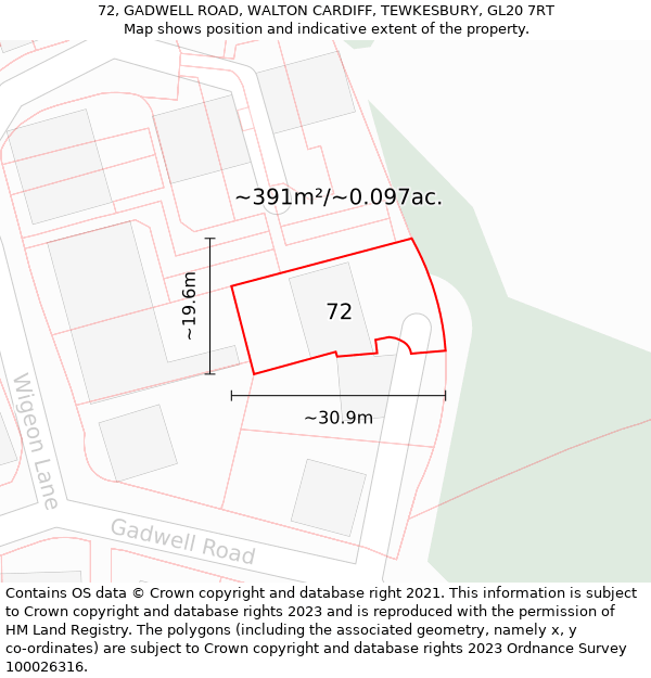 72, GADWELL ROAD, WALTON CARDIFF, TEWKESBURY, GL20 7RT: Plot and title map