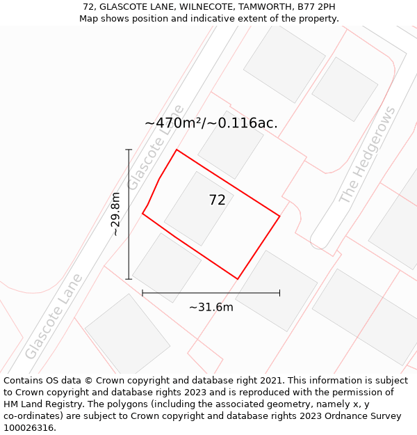 72, GLASCOTE LANE, WILNECOTE, TAMWORTH, B77 2PH: Plot and title map