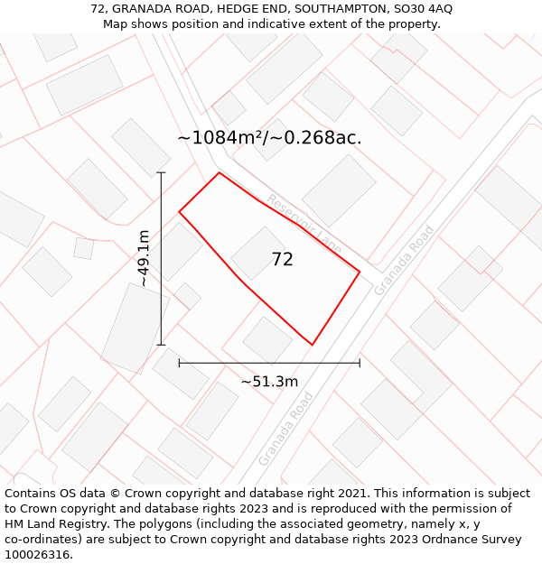 72, GRANADA ROAD, HEDGE END, SOUTHAMPTON, SO30 4AQ: Plot and title map