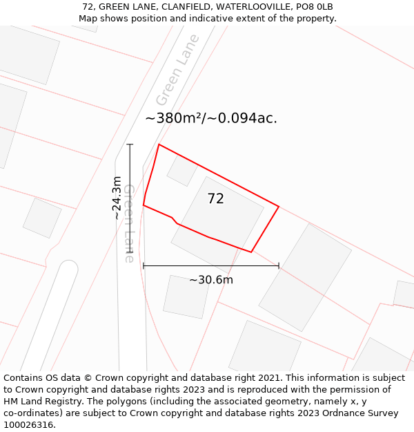 72, GREEN LANE, CLANFIELD, WATERLOOVILLE, PO8 0LB: Plot and title map