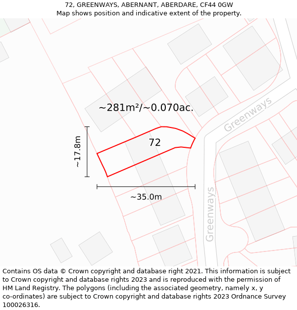 72, GREENWAYS, ABERNANT, ABERDARE, CF44 0GW: Plot and title map